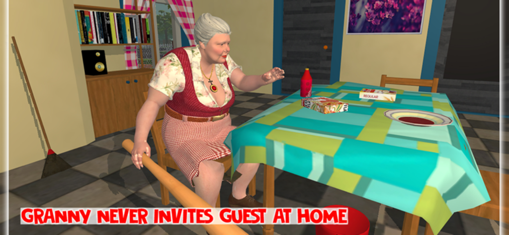 Bad Granny Chapter 3 - Bad Granny-Figur sitzt an einem Küchentisch in einem 3D-Horrorspiel