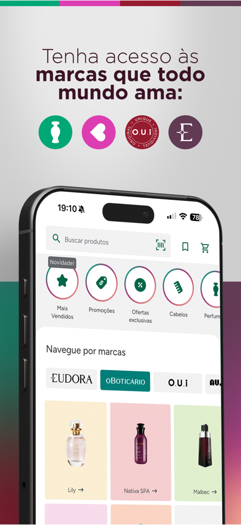 Revendedores Grupo Boticario app interface showing beauty brands and categories
