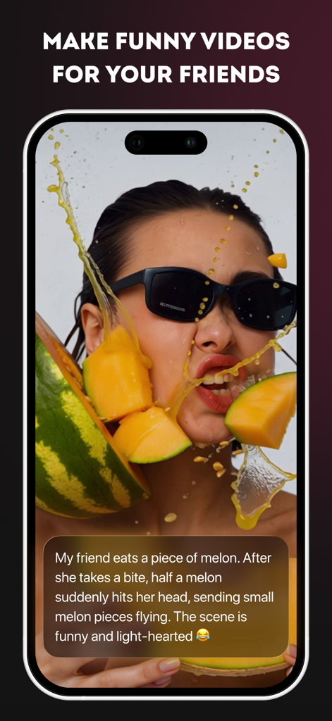 Ein mobiler Bildschirm, der die Yammi-App zeigt, die ein lustiges Video eines Melonenspritzers aus einer Textaufforderung generiert