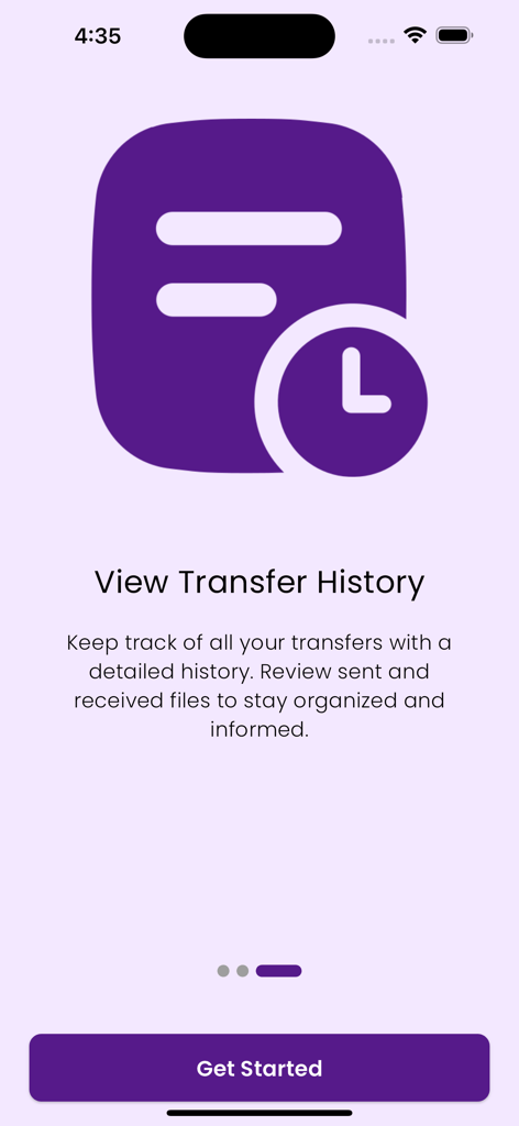 App screen showing transfer history feature for tracking sent and received files