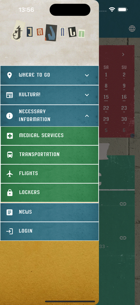 쿠타이시 여행 앱의 탐색 메뉴로, 어디로 갈지, 문화, 의료 서비스 및 교통과 같은 필수 정보 카테고리가 특징입니다.