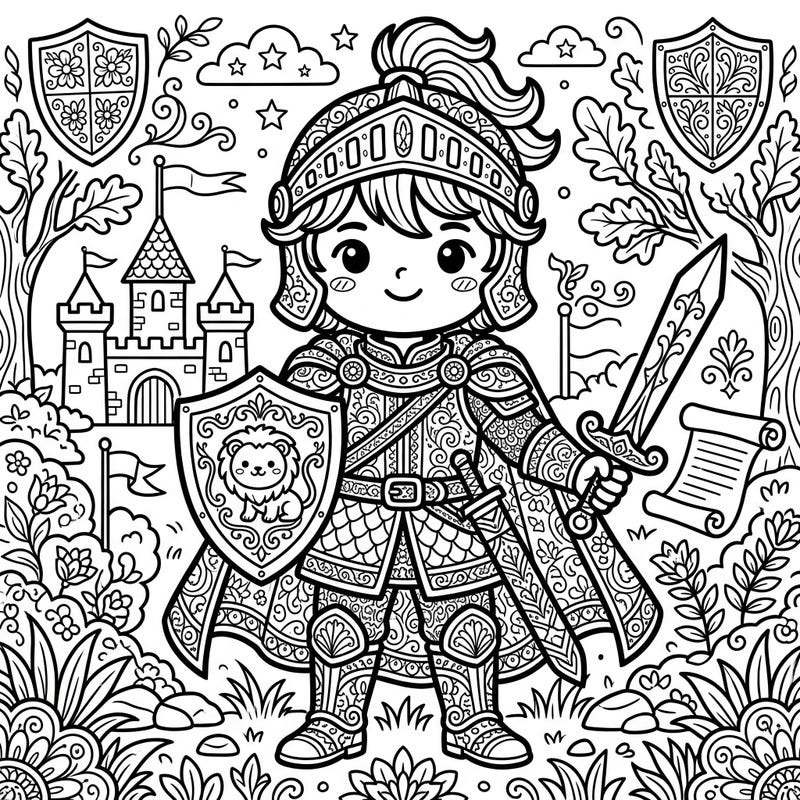 Step into a world of medieval cuteness with this Kawaii Squire coloring page, perfectly designed for adult enthusiasts. Discover intricate details and charming knightly gear ready for your creative touch.