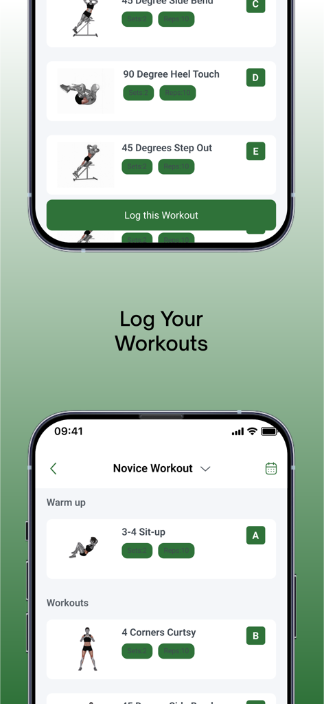 Get Fit Wise - Aplicativo móvel Get Fit Wise mostrando uma lista de treinos para iniciantes e recursos de registro de exercícios