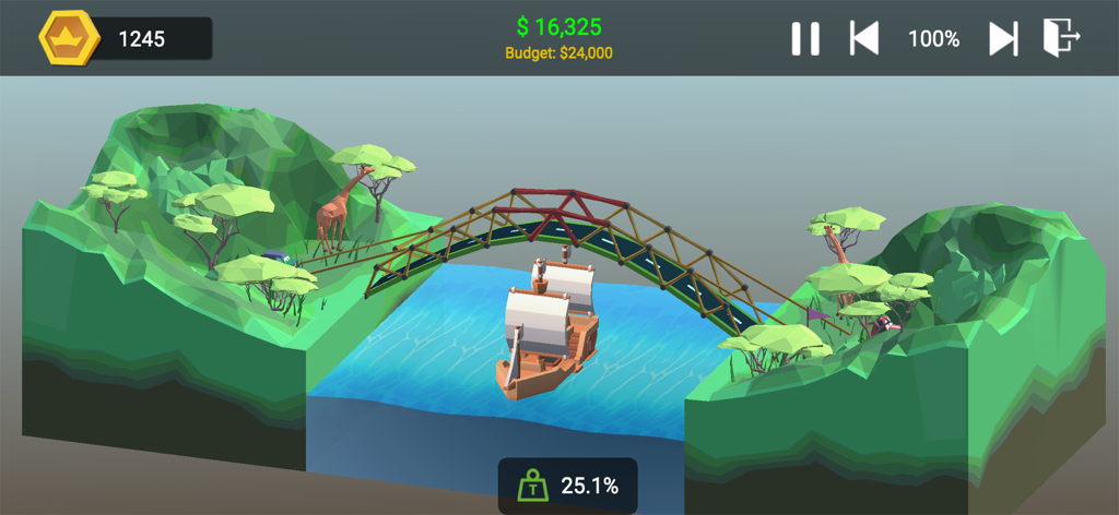 Build Bridge : Craft Builder - Gameplay screenshot of Build Bridge Craft Builder showing a low-poly arched bridge over a river with a ship and safari animals
