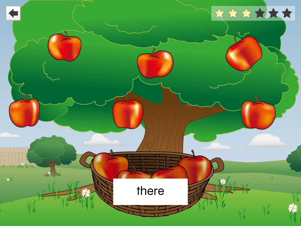 FlashWords AAC - FlashWords AAC reading game interface featuring an apple tree and the word there