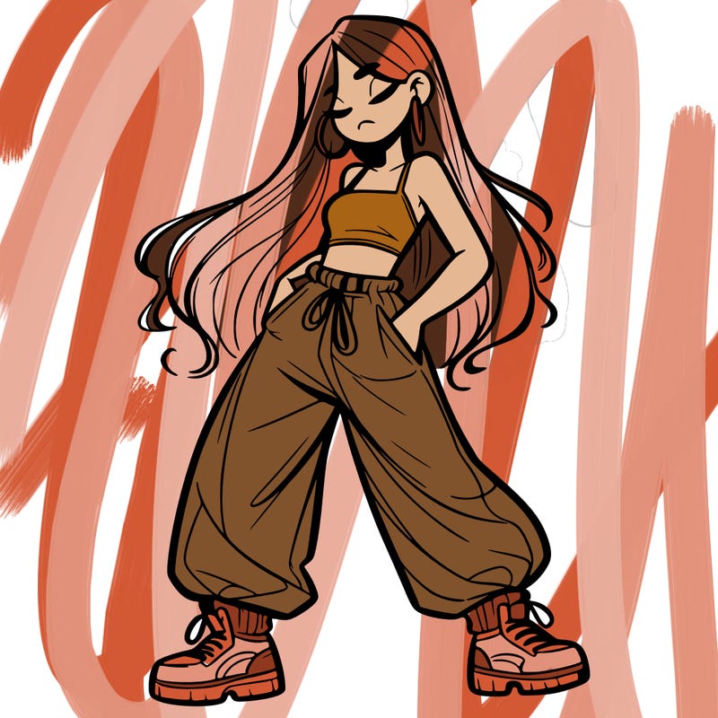 girl in baggy pants crop top and long hair