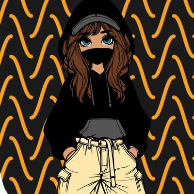 realistic girl with baggy jeans, a hoodie and hat long hair