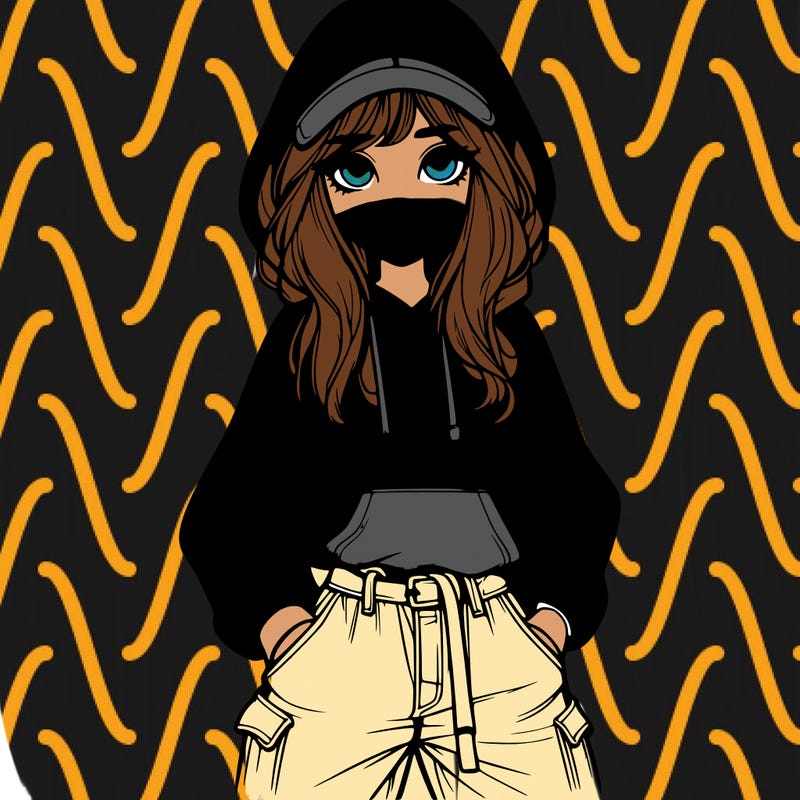 realistic girl with baggy jeans, a hoodie and hat long hair