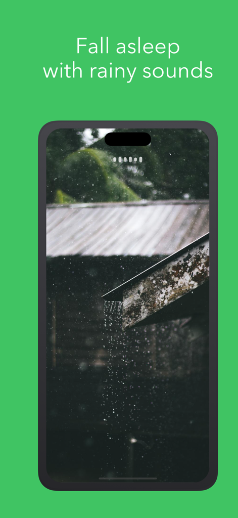 Magic Sound Pro app showing a rainy scene for falling asleep with ambient sounds.