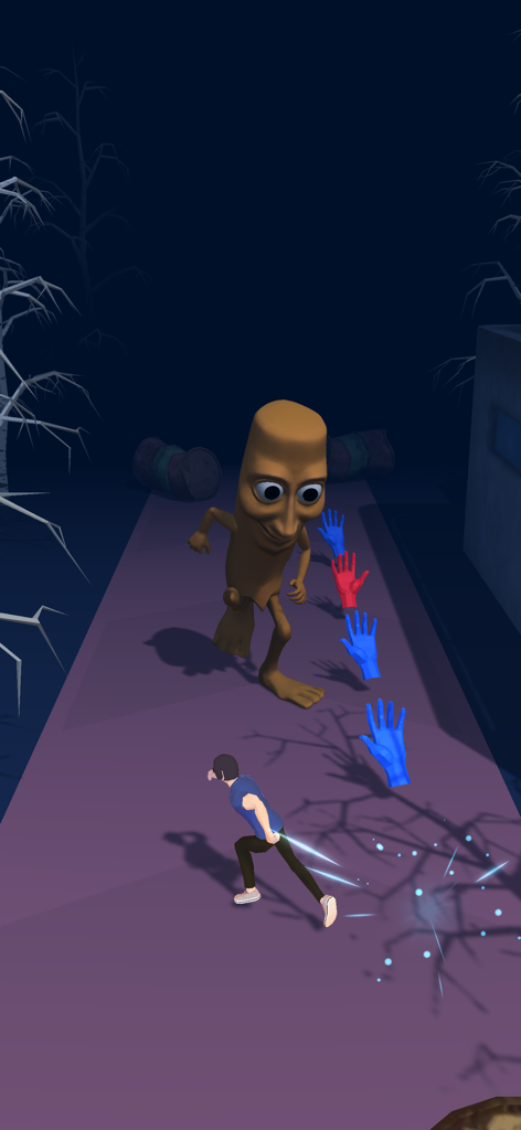 A character running away from a giant brown monster on a dark path while collecting floating blue and red hands.
