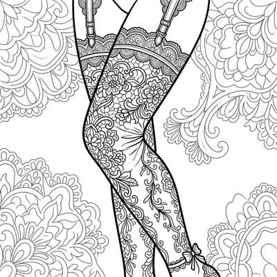 Immerse yourself in the delicate beauty of this thigh-high stockings coloring page, featuring exquisite lace and floral patterns that flow elegantly up the legs. This detailed design provides a sophisticated canvas for adult colorists looking for a creative and relaxing escape.