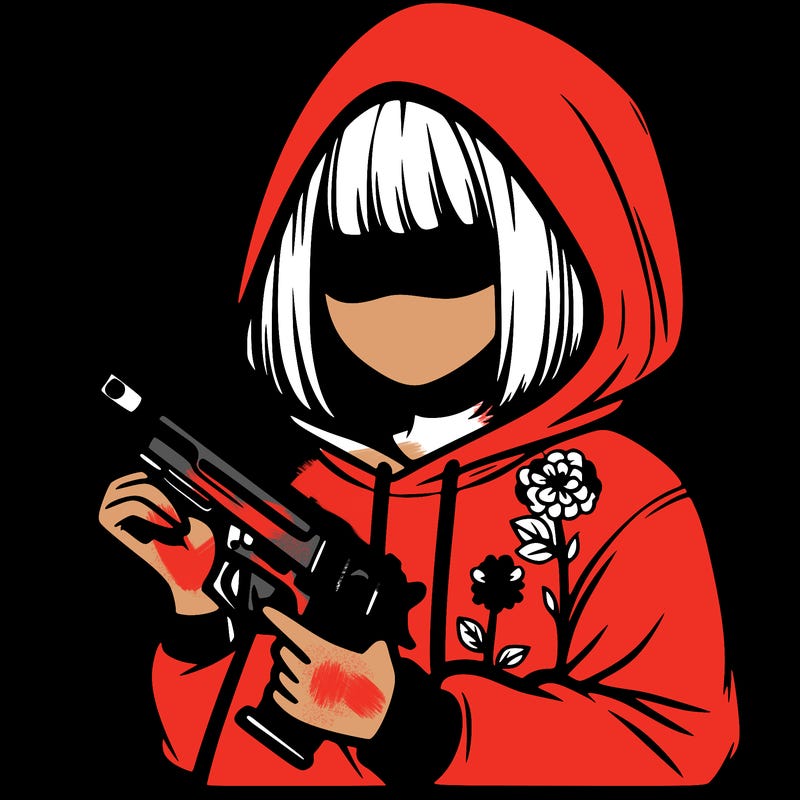 girl in hoodie no face no hair with gun