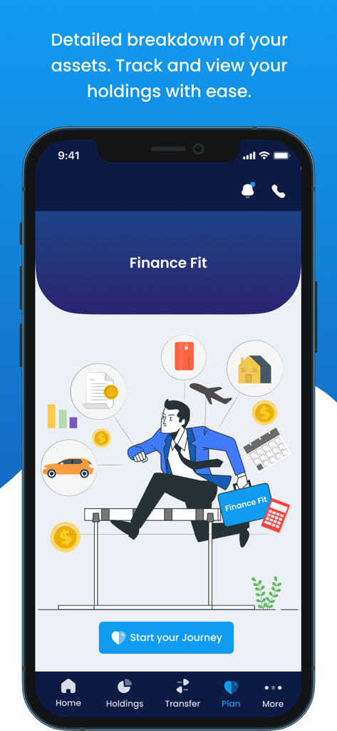 Phillip MyWealth - A mobile app screen for Phillip MyWealth illustrating financial planning and asset tracking with a professional man jumping hurdles.