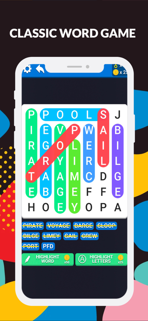 Word Search : Crossword Master - A classic word search puzzle grid on a mobile device showing highlighted words like pirate and voyage