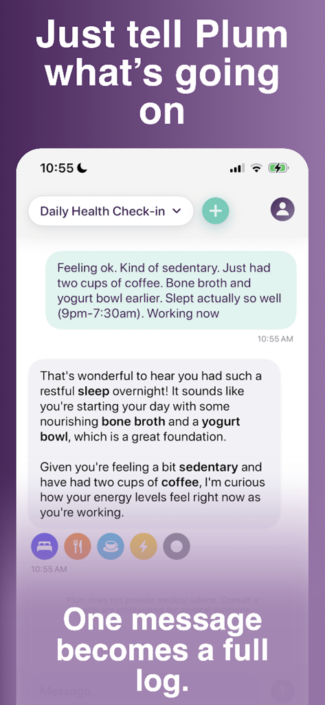 Plum: AI Symptom Tracker - Interface de l'application Plum AI Symptom Tracker montrant un journal de santé conversationnel où un seul message devient un journal de santé structuré