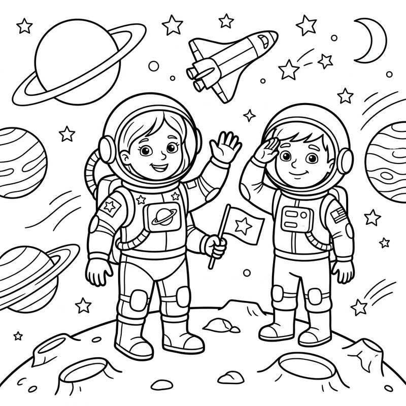 Prepare for an epic space journey with this exciting coloring page featuring two brave astronaut commanders! Designed especially for kids aged 4-8, it offers a fantastic way to explore the wonders of the cosmos through creativity.
