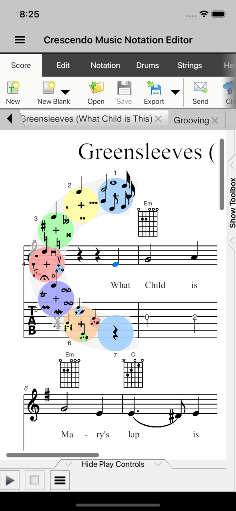 Crescendo Music - Oberfläche der Crescendo Music App, die Noten und Gitarrenakkorde zeigt