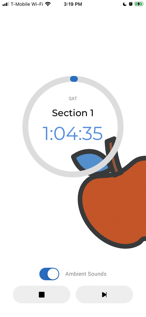 Revolution Prep - Tela de cronometragem de auto-proctoria do aplicativo Revolution Prep mostrando o cronômetro da Seção 1 do SAT e o alternador de sons ambientes.