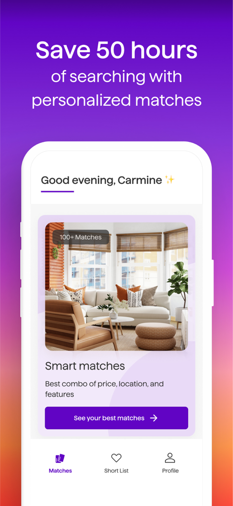 Tela do aplicativo móvel Apartment List mostrando correspondências inteligentes personalizadas para aluguéis de apartamentos