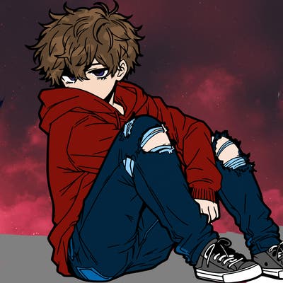 a male hoddie ripped jeans messy hair anime