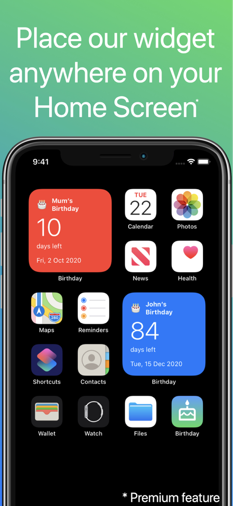 iPhone home screen showing colorful birthday countdown widgets for family and friends