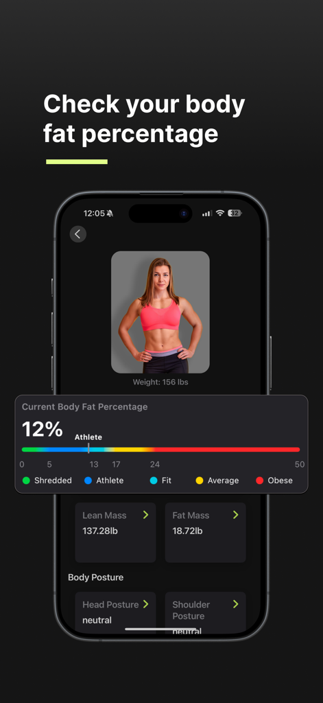 trackBod - AI Body Scan - trackBod app interface showing body fat percentage and composition analysis for an athlete