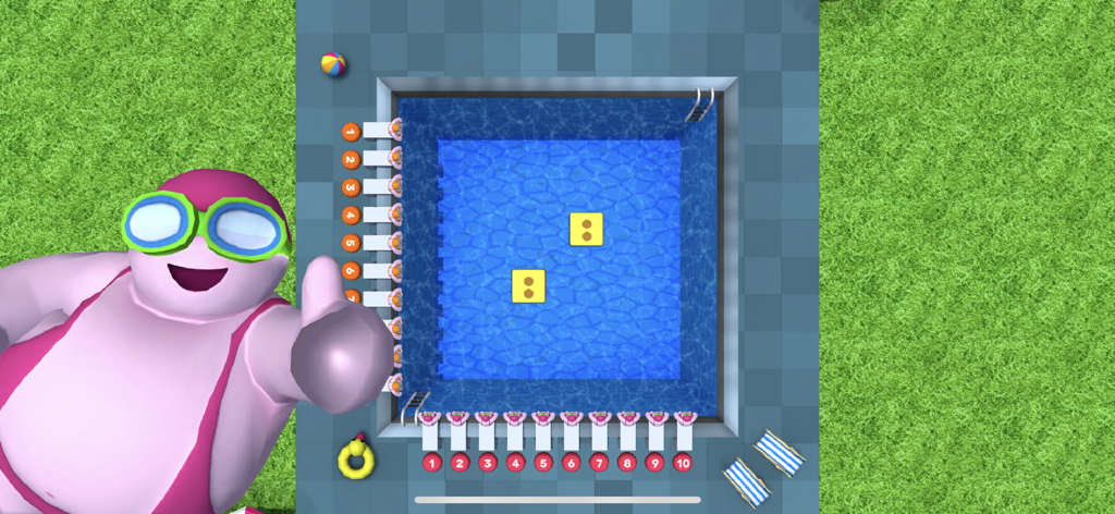 GoDice™ - GoDice app screenshot showing a swimming pool themed mini game with digital dice and animated characters