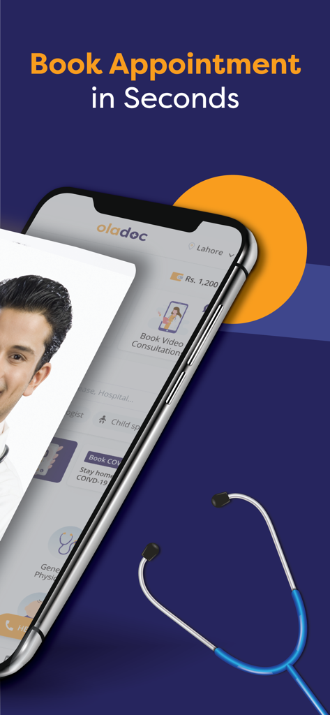 Oladoc mobile app interface showing how to book a doctor appointment in seconds with a stethoscope illustration
