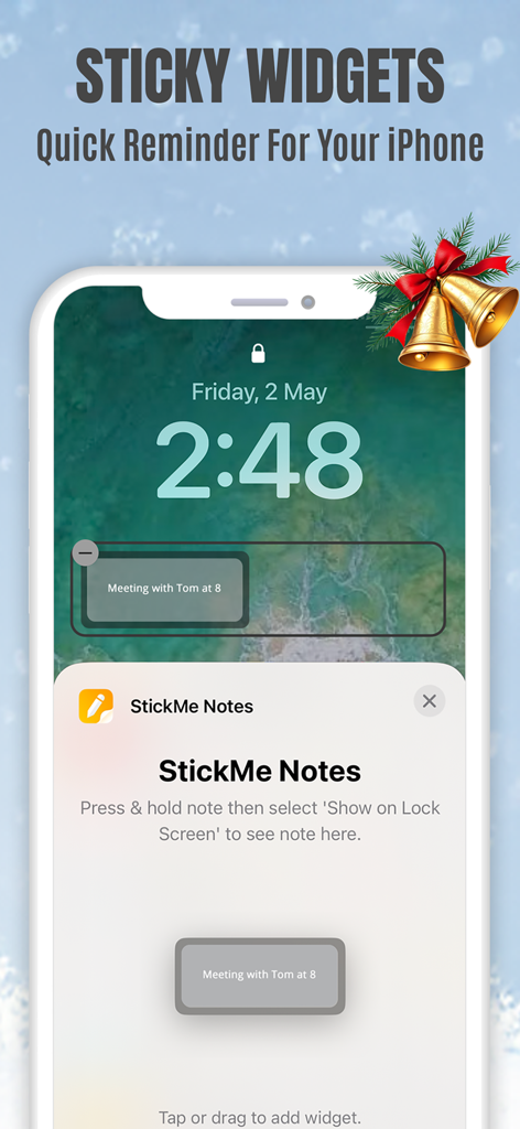 Sticky Notes App Remind Widget - iPhone lock screen showing a StickMe Notes sticky widget with a meeting reminder