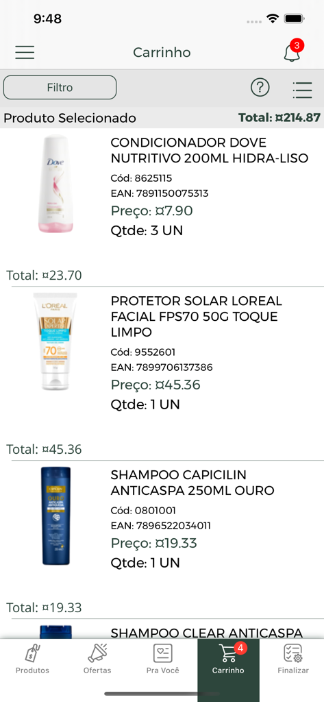 Interfaz del carrito de compras de la aplicación Dag Distribuidor que muestra productos seleccionados de salud y belleza al por mayor