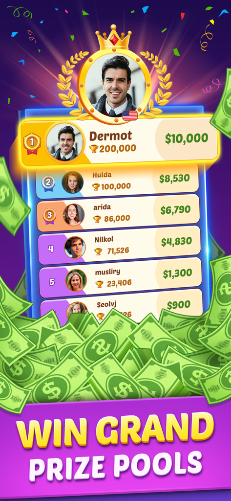 Block Cash - Win Real Money - A leaderboard in the Block Cash app showing top players and real money prizes