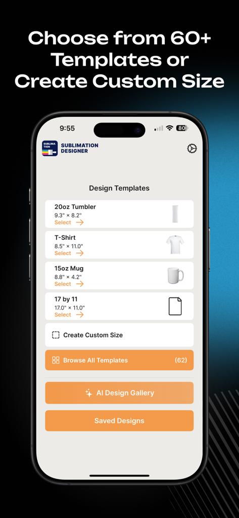 SubPrinta - Sublimation Design - Interfaz de la aplicación móvil SubPrinta mostrando varias plantillas de sublimación para vasos, camisetas y tazas