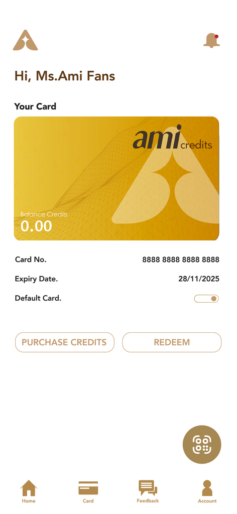 Ami App - Ami App digital credits card screen showing balance and purchase options