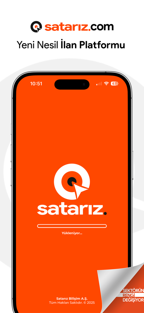 satarız. - Splash screen of the Satarız marketplace app featuring its target logo and loading bar on an orange background.