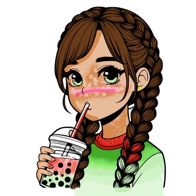 realistic girl with braided hair drinking boba