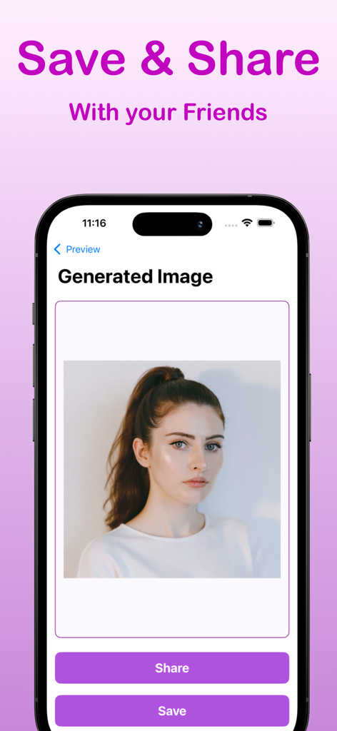 Haircut AI - Change Hair Color - A mobile app interface titled Save and Share showing a woman with an AI generated ponytail hairstyle and buttons to share or save the look.