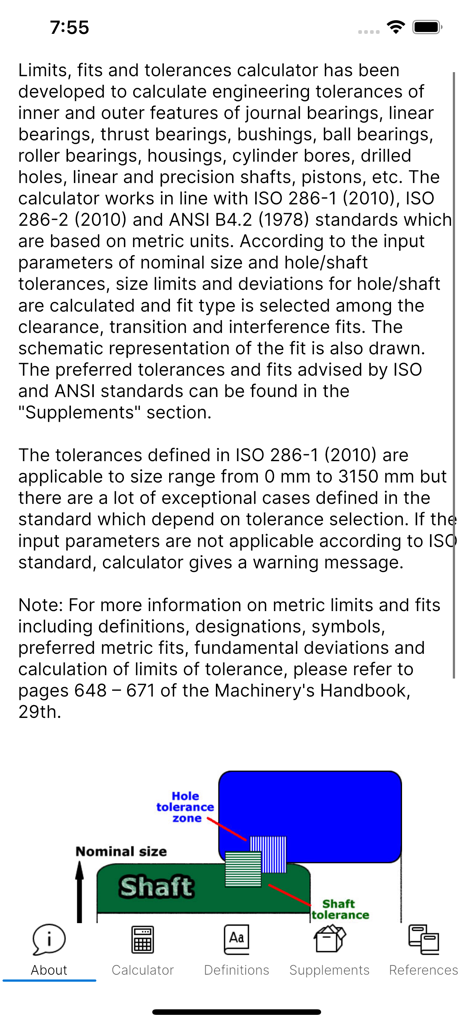 About screen of Fit Tolerance ISO Pro app showing a technical description and schematic diagram of shaft and hole tolerances.