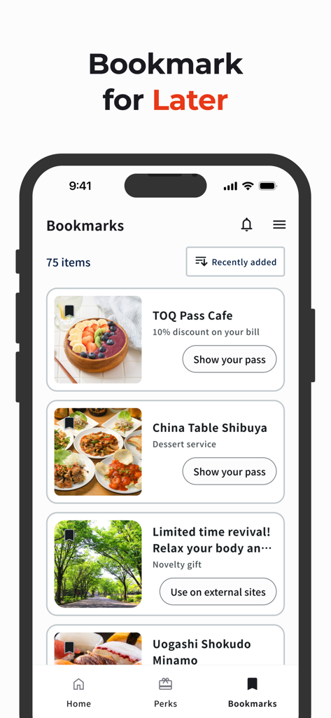 Shibuya TOQ Pass - The bookmarks screen of the Shibuya TOQ Pass app showing a list of saved restaurant and cafe discounts for employees.