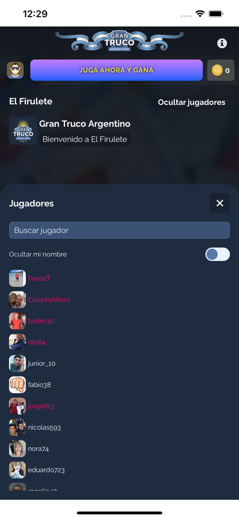 Gran Truco Argentino - A list of online players and search interface in the Gran Truco Argentino mobile app.