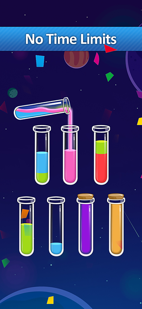 Water Sort Puzzle: Pour Color - Captura de pantalla del juego Water Sort Puzzle mostrando líquido de colores vertiéndose entre tubos de ensayo con un banner de sin límites de tiempo
