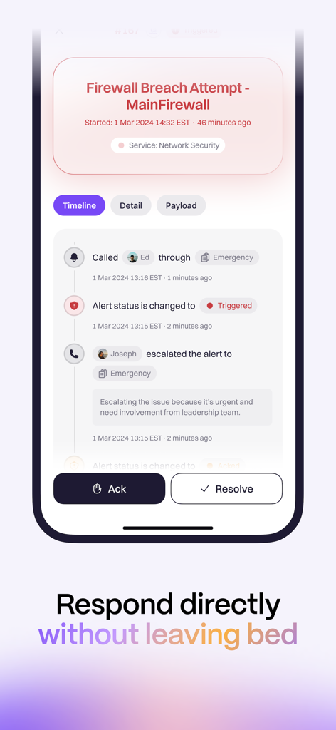 Rootly - Rootly app interface showing a firewall breach incident timeline with acknowledge and resolve buttons.