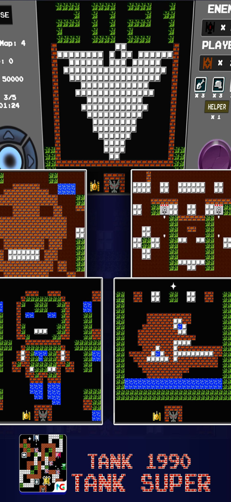 Collage of retro pixel art levels and maps in Tank 1990 Battle City game.