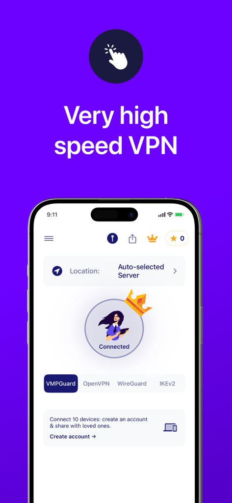 VMP™: Fast Unlimited VPN Proxy - VMP VPN app screen showing a very high speed connection and server options