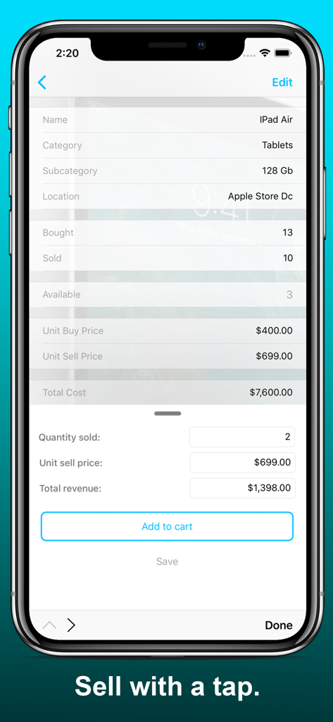 Inventory Now: product tracker - Interface do aplicativo Inventory Now mostrando detalhes do produto e rastreamento de vendas para um iPad Air