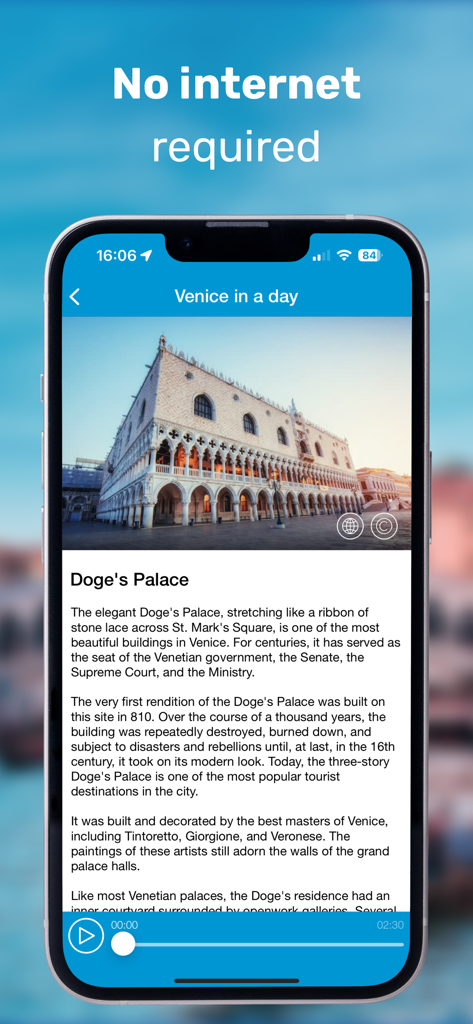 Venice Audio Guide Offline Map - Interfaccia dell'app Venice Audio Guide che mostra fatti storici e riproduzione audio per il Palazzo Ducale