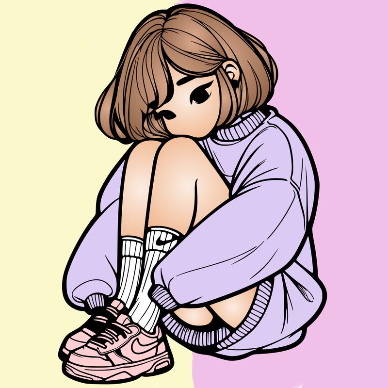 realistic girl with nikes socks on and a over sized sweater