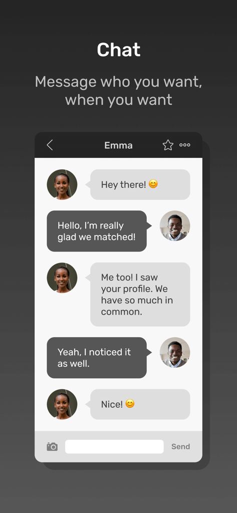 Black Christian Soulmates App - Una interfaz de chat en la aplicación que muestra una conversación amistosa entre dos solteros cristianos negros