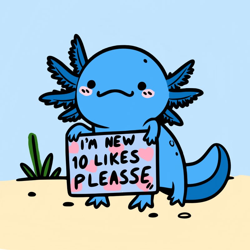 axolotl holding a sign that says “i’m new 10 likes please”