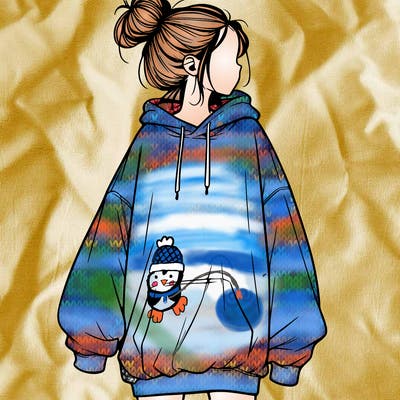realistic girl with a oversized sweatshirt on and a bun