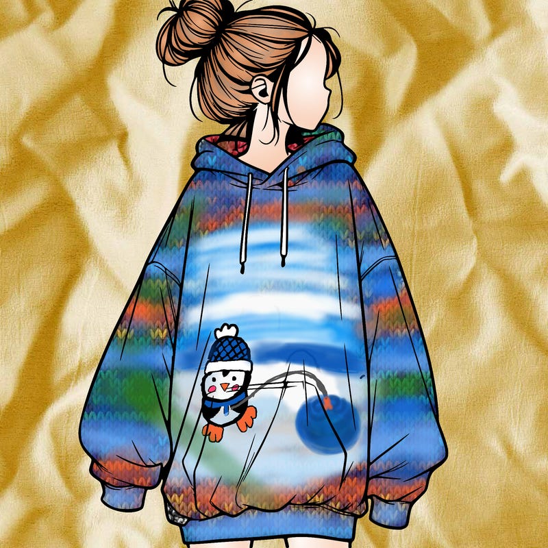 realistic girl with a oversized sweatshirt on and a bun